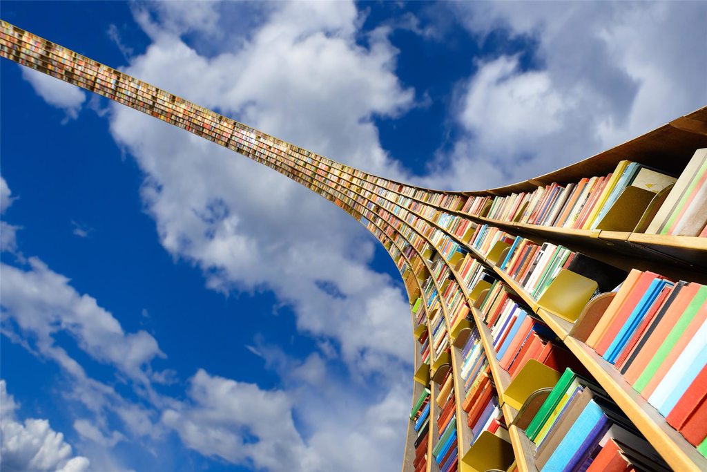 Shelves of Books through the Sky